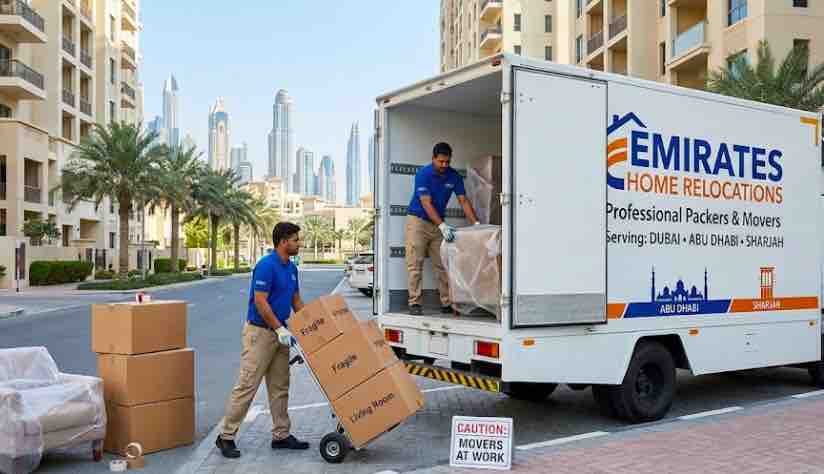 Moving truck in front of Dubai skyline